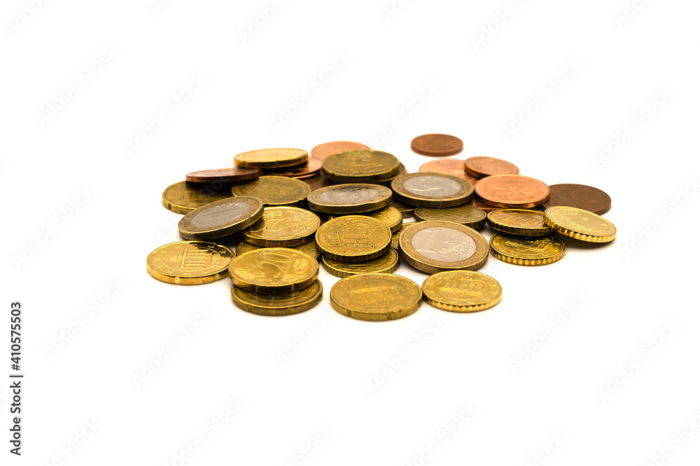 Euro coins on a pile with a blank background Euro coins on a pile with a blank background