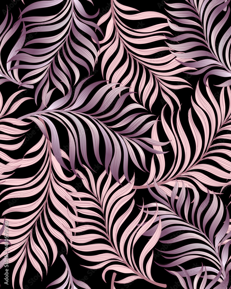 Green tropical palm leaves seamless vector pattern on the black background.Trendy summer print. Green tropical palm leaves seamless vector pattern on the black background.Trendy summer print.