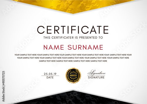 Certificate template with geometry gold and black frame and badge on white background. Design for Diploma, certificate of appreciation or award