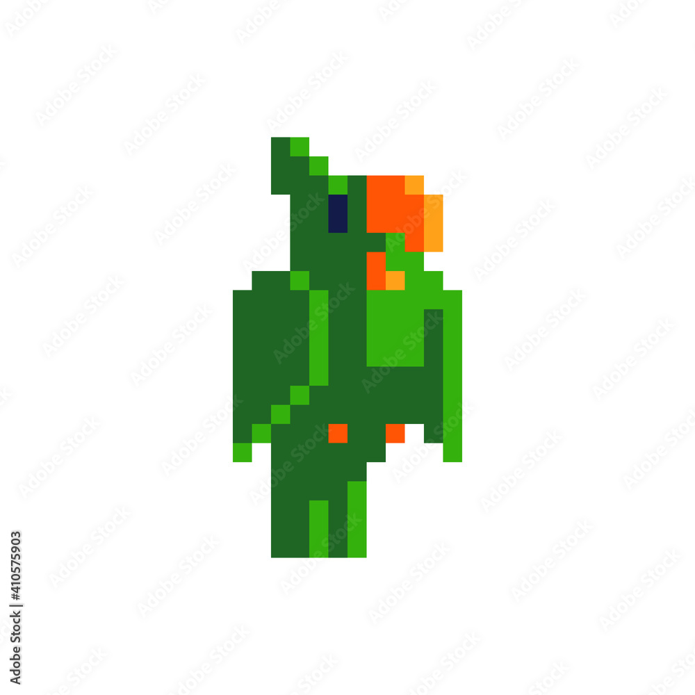 Obraz premium Pirate parrot character. Pixel art. Tropical bird. Sticker design. Game assets. 8-bit. Isolated abstract vector illustration.