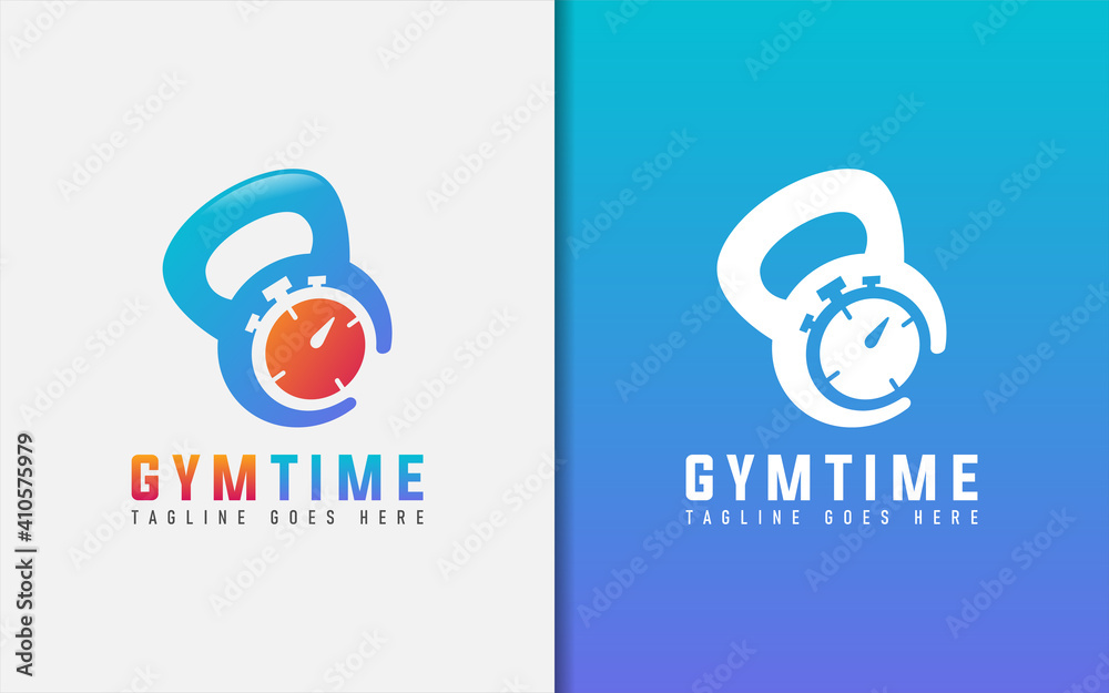Obraz premium Gym Time Logo Design. Abstract Kettlebell Combine with Stopwatch. Sport Vector Logo Illustration.