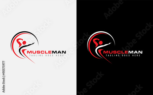 Muscle Man Logo Design. Abstract Muscular Man Pose Combine with Circle Shapes. Vector Logo Illustration.