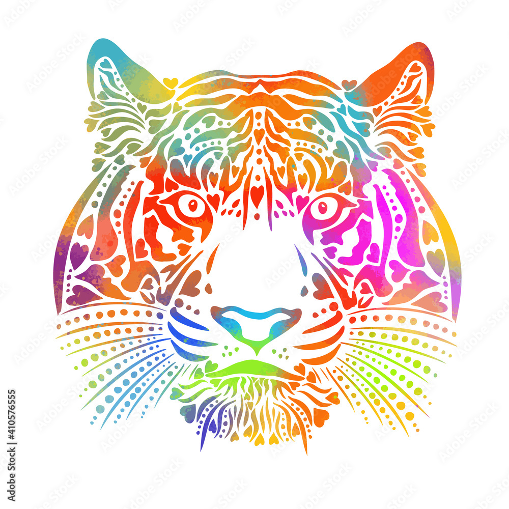 The tiger's muzzle is multicolored. Symbol of the new year 2022. Vector illustration