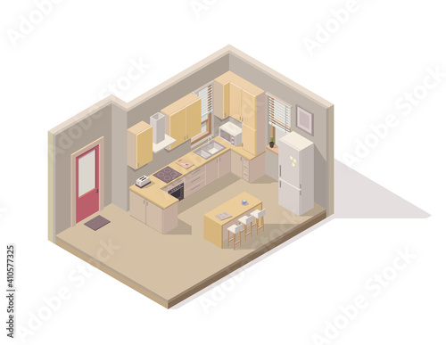 Vector isometric element representing kitchen/dining room/. Room includes kitchen cabinets, refrigerator, stove, oven, dining table, stools and others. Isometric kitchen.