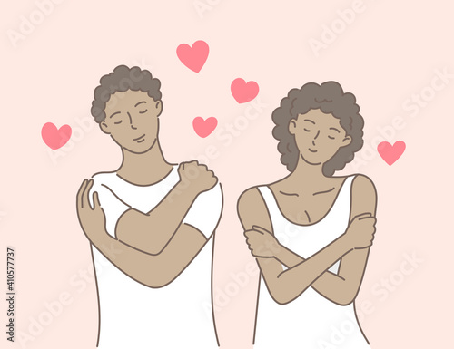 African american couple hugging herself with hearts on pink background. Self love and self care. Love yourself. Love your body concept. Hand draw style. Vector illustration.