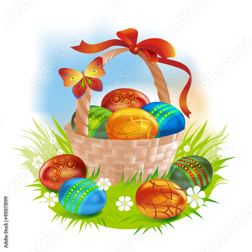 Wicker basket with colorful Easter eggs. Vector illustration.