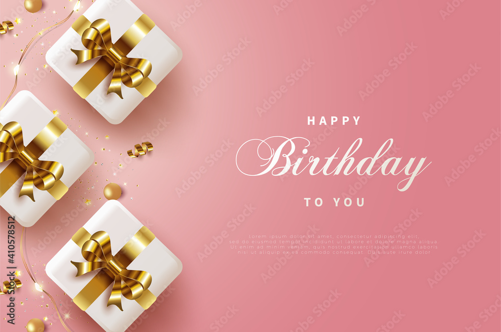 Happy birthday background with three gold ribbon gift boxes on a pink ...