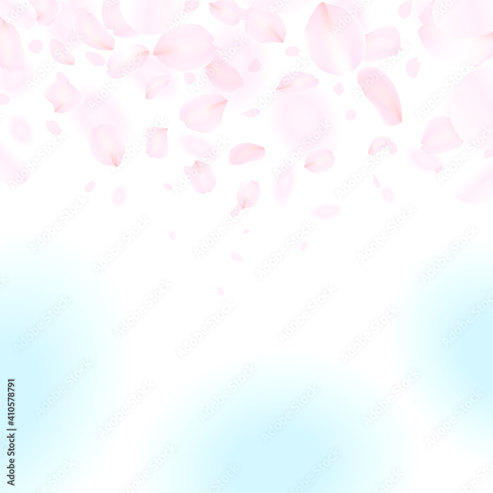 ぼんやりとした春の青い空にピンクの花びらが舞っているイラスト