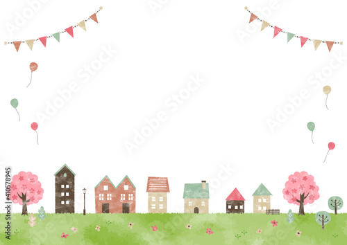 水彩、水彩画、春の景色 街並み