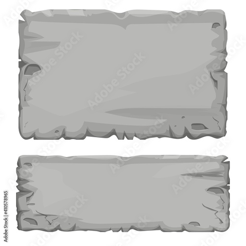 Set of Stone tablet, rock banner with cracked elements in cartoon style isolated on white background. Grey frame, block boulder for interface ui games.