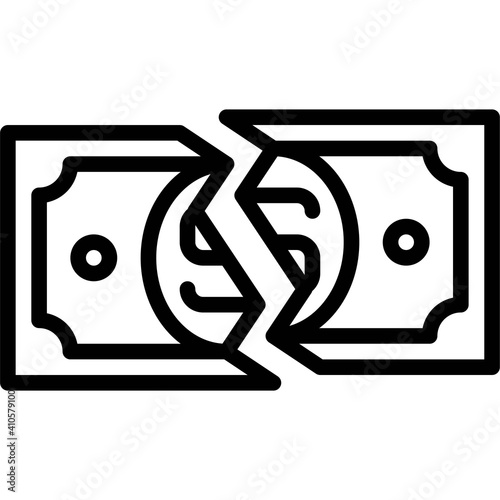 Torn banknote icon, Bankruptcy related vector