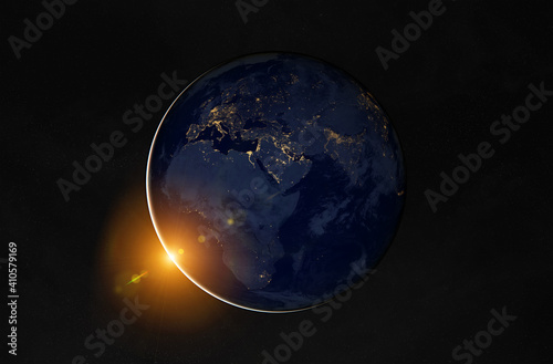 Fototapeta Naklejka Na Ścianę i Meble -  View of planet Earth at night with cities lights on Europe and Africa 3D rendering elements of this image furnished by NASA