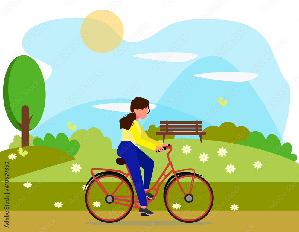 Naklejka premium A girl rides a Bicycle. Girl on the nature in the Park. Concept of outdoor recreation. Cute flat illustration