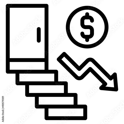 Coin going Down Stairs icon, Bankruptcy related vector