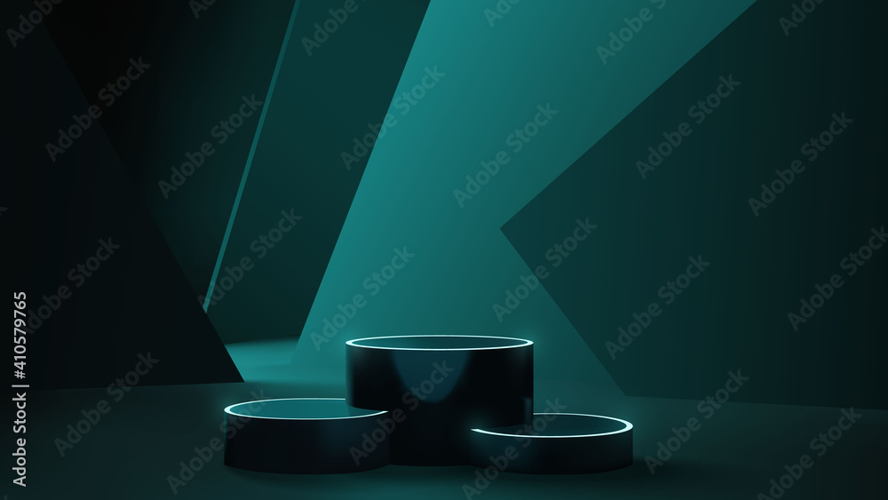 Futuristic neon podium scene template for product presentation with abstract geometric backdrop, realistic modern pedestal mockup vector - obrazy, fototapety, plakaty 