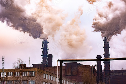 metallurgical plant dawn smoke smog emissions. bad ecology. wide panorama. 