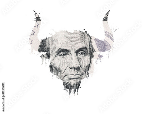 Isolated silhouette of a bull head close-up with paint splatter, blood flowing down and a portrait of the president on a banknote.