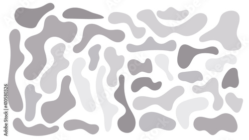 Grey irregular blob, set of abstract organic shapes. Abstract irregular random blobs. Simple liquid amorphous splodge. Trendy minimal designs for presentations, banners, posters and flyers.
