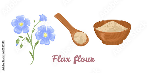 Flaxseed flour set. Blue flower, flour in wooden spoon and bowl isolated on white background. Vector illustration of healthy food in cartoon flat style.