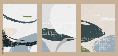 Set of three abstract minimalist backgrounds. Hand-drawn illustrations with japanese geometric pattern for  for wall decoration, postcard or brochure, cover design, stories, social media, app design.