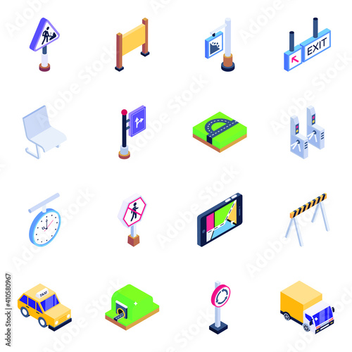 
Pack of Fingerposts and Automobiles Isometric Icons 
