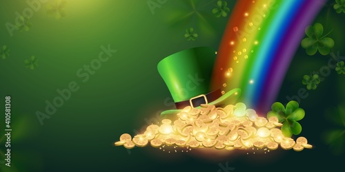 Happy St. Patrick's Day sign background with a leprechaun green shamrock hat full of gold coins at the end of the rainbow. Vector illustration