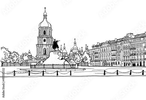 Nice cityscape of the old Kiev, Ukraine. Urban landscape in hand drawn sketch style. Ink line sketch. Vector illustration on white.