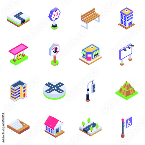
Pack of Architecture and Warning Boards Isometric Icons 
