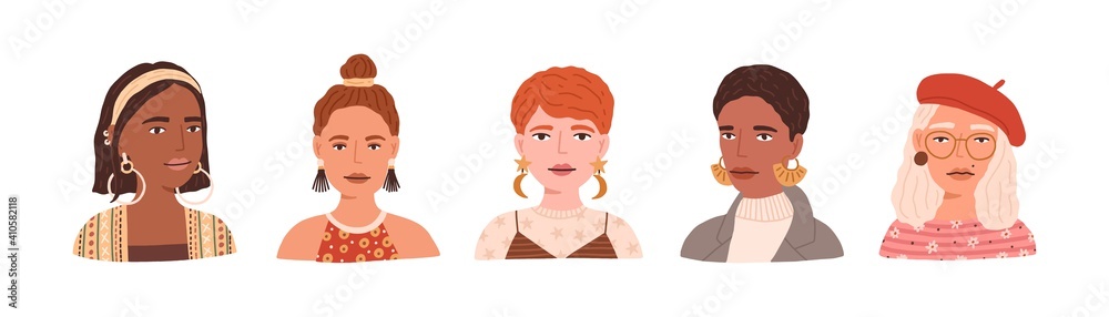 Portraits of young modern women wearing beret, eyeglasses and earrings. Set of trendy and fashion female avatars with different hairstyles isolated on white background. Flat vector illustration Portraits of young modern women wearing beret, eyeglasses and earrings. Set of trendy and fashion female avatars with different hairstyles isolated on white background. Flat vector illustration