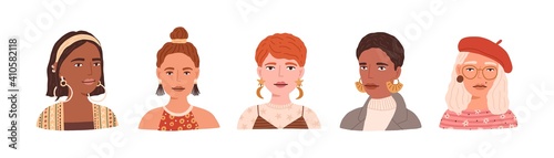 Portraits of young modern women wearing beret, eyeglasses and earrings. Set of trendy and fashion female avatars with different hairstyles isolated on white background. Flat vector illustration