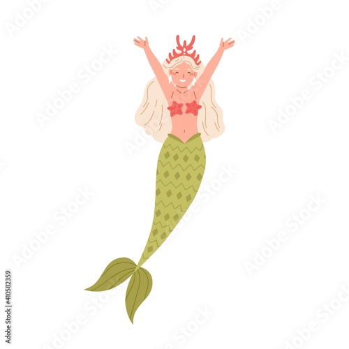 Beautiful mermaid with long blonde hair and fish tail. Cute underwater fairy princess in starfish bra and coral crown with hands raised up. Color flat vector illustration isolated on white background
