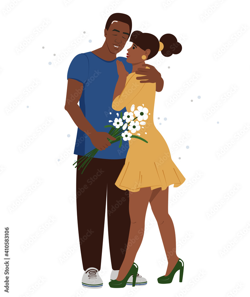 Cute African American couple. Man giving flowers to woman. Isolated flat vector illustration about romantic date.