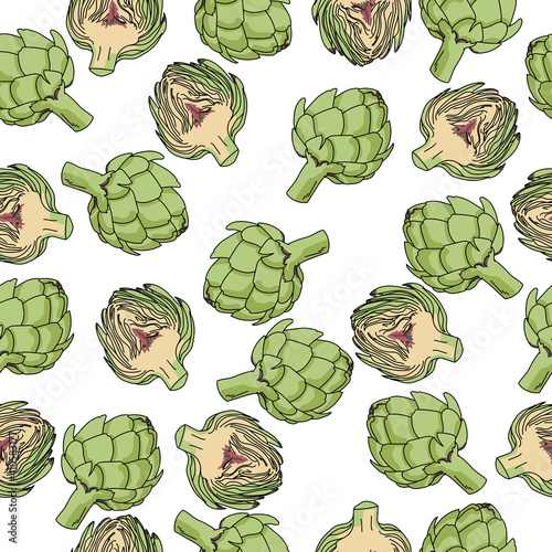 artichoke seamless pattern, green vegetable whole and half on white background