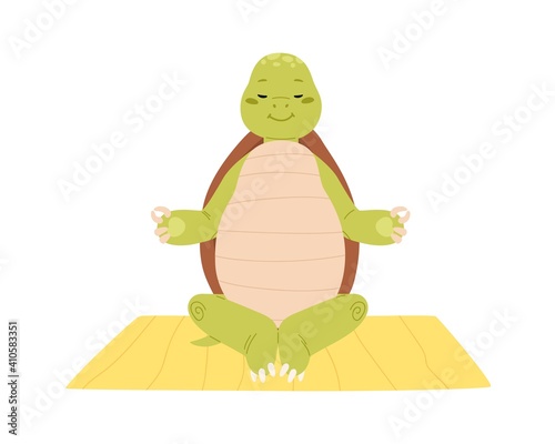 Cute and funny turtle exercising yoga or meditate. Calm and happy green tortoise character sitting on mat. Childish animal mascot. Colored flat vector illustration isolated on white background