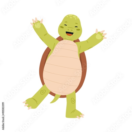 Cute and happy green turtle smiling and laughing with paws raised up. Funny a...