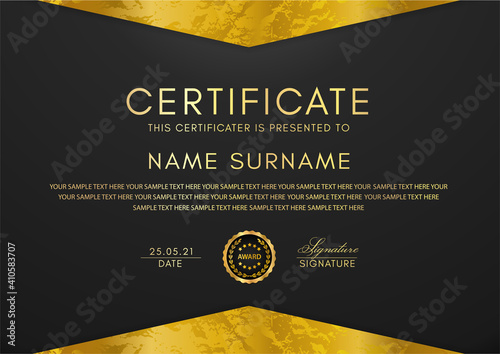 Certificate template with geometry gold frame and badge on black background. Design for Diploma, certificate of appreciation or award