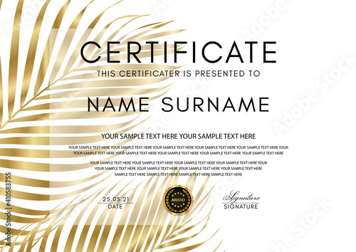 Certificate with gold palm leaf (branch) on white background and golden black medal. Luxury exotic design layout template useful for diploma, gift certificate, wedding card