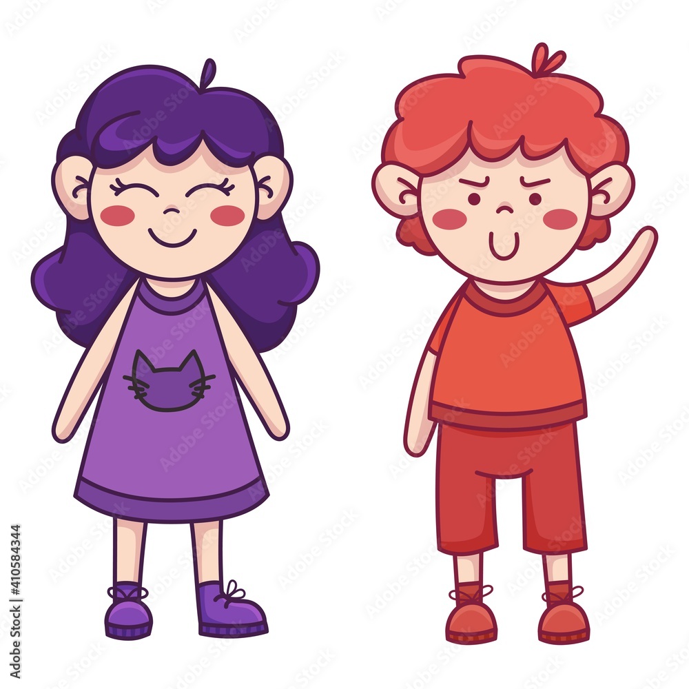 Happy school kids. Cute boy and girl. Vector illustration isolated on white background Happy school kids. Cute boy and girl. Vector illustration isolated on white background
