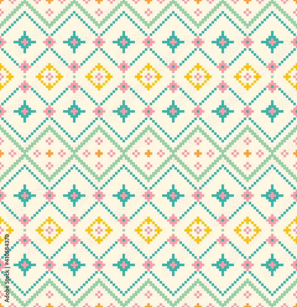 Seamless lace pattern with folkloric floral ornament in scandinavian retro style. Stock vector illustration for background, wallpaper, textile, scrapbooking, wrapping paper.