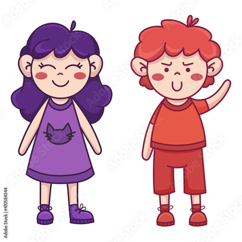 Happy school kids. Cute boy and girl. Vector illustration isolated on white background