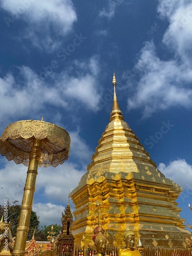 Temple in Chiangmai Thailand with old and antique Lanna style beautiful golden pagoda on the top of the hill