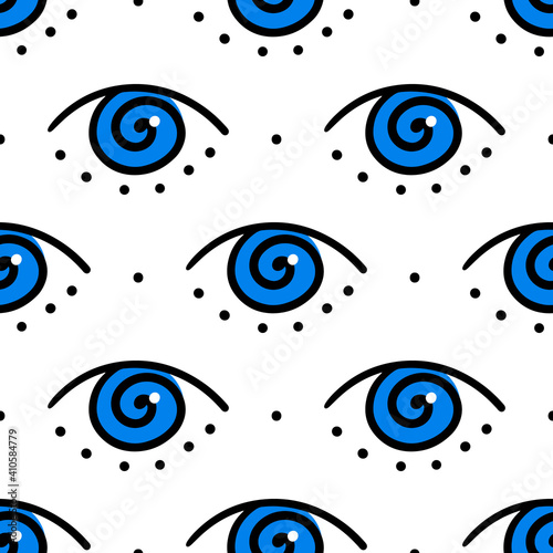 Hypnotic, mesmerizing blue eyes symbols and dots vector seamless pattern background.