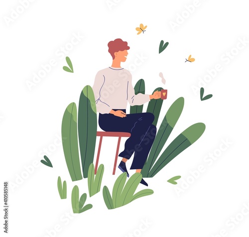 Positive working environment and conditions. Happy employee enjoying coffee break. Healthy stress-free atmosphere and good psychological climate. Colored flat vector illustration on white background