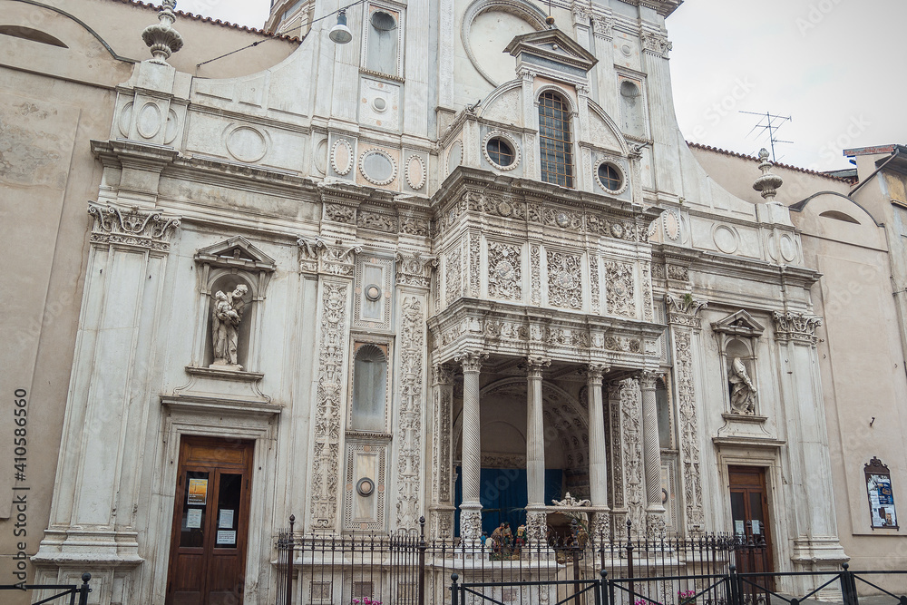 Old medieval cathedral in the winter morning. Beautiful italian church Saint Maria of Miracles. Chiesa di Santa Maria dei Miracoli, Brescia, Italy