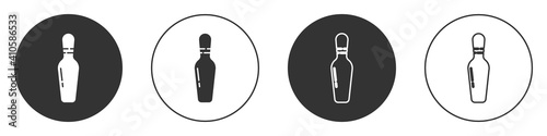 Black Bowling pin icon isolated on white background. Circle button. Vector Illustration.