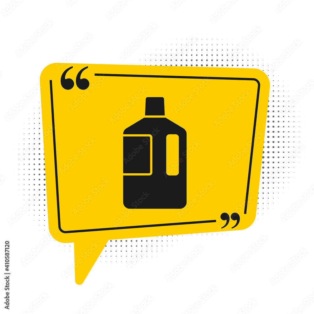 Black Big bottle with clean water icon isolated on white background. Plastic container for the cooler. Yellow speech bubble symbol. Vector Illustration. Black Big bottle with clean water icon isolated on white background. Plastic container for the cooler. Yellow speech bubble symbol. Vector Illustration.