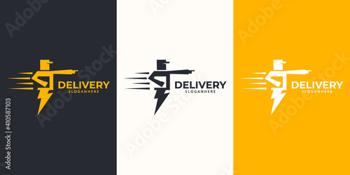 Delivery  Logo designs Template. Illustration vector graphic of  thunder with delivery man courier holding  box  logo design concept. Perfect for,Delivery service, Delivery express logo design.  