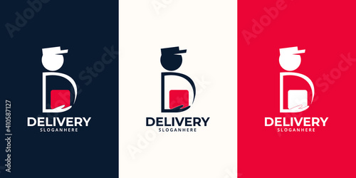 Delivery  Logo designs Template. Illustration vector graphic of  letter D with delivery man courier holding  box  logo design concept. Perfect for Delivery service, Delivery express logo design.  