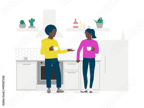 The black couple is talking in the kitchen. Young people drink and have a small talk and a friendly conversation. Vector illustration.