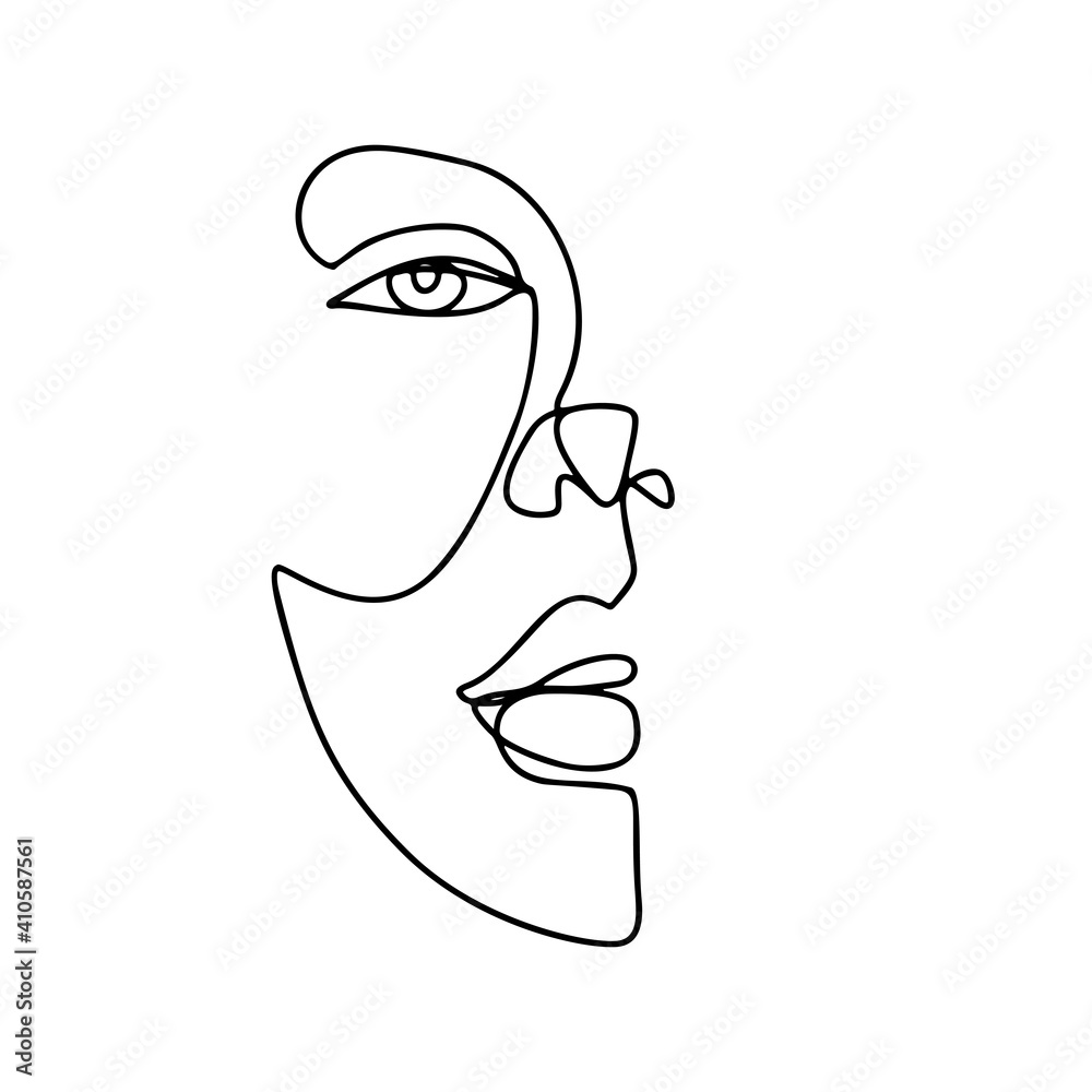 Continuous line drawing. Abstract woman portrait. One line face art vector illustration. Female linear contour isolated on white. Continuous line drawing. Abstract woman portrait. One line face art vector illustration. Female linear contour isolated on white.